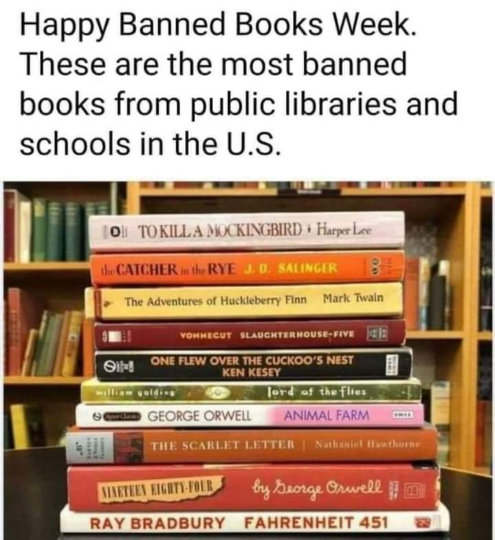 Ah, #America - you sad bastards. 
I've read 9 of these - somehow never got around to The Scarlet Letter - but more importantly, more than half as Australian school texts, as we obviously want our kids to think a little more than the Yanks appear to...
#BannedBooksWeek