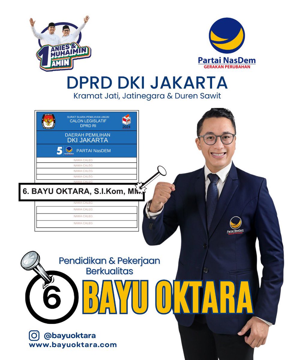 6 hari menuju tanggal 14 Februari.

Teman-teman yang berdomisili di Kecamatan Duren Sawit, Kramat Jati, Jatinegara apa kabar?

Apakah sudah tau nanti nyoblos siapa untuk mewakili kalian di DPRD Provinsi Jakarta?

Nih kenalin Anak Jakarta Asli <a href="/bayuoktara/">bayu oktara</a> 

#pilih5coblos6
