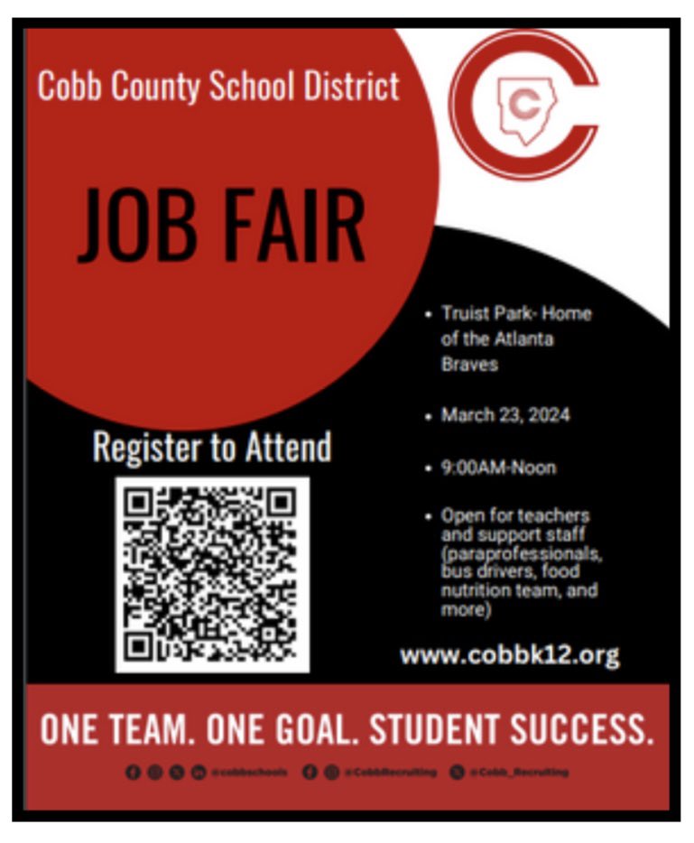 EmanuelTorralba's tweet photo. Are you looking for a teaching position or to be part of @CobbSchools support staff?!?!?! 

Register and join us at @TruistPark next month! https://t.co/f4XUfdJaAP
