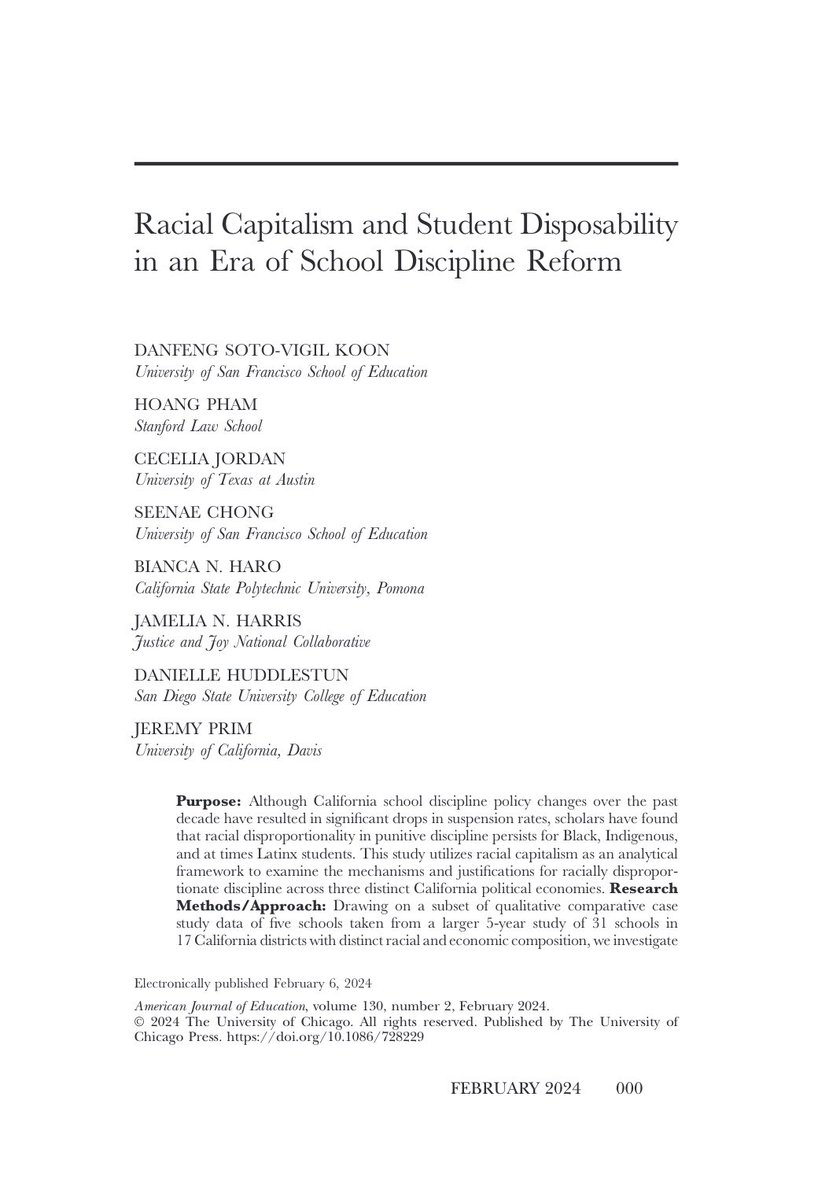 🥹 #NewArticle # 2 

“Racial Capitalism & Student Disposability in an Era of School Discipline Reform” in the American Journal of Education

First 50 downloads are free:

tinyurl.com/bdc29ak7

Being part of this INCREDIBLE research team was the highlight of my PhD journey 🖤