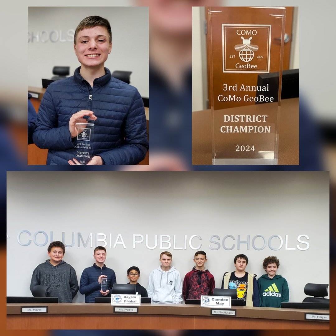 Over 4000 #cpsbest middle schoolers participated in the 3rd Annual CoMo GeoBee.  Tonight the 7 school winners competed to be crowned District Champion. Congratulations to runner up, Sid Mueller of <a href="/OMSEagles/">Oakland M S</a> and to our 3-time repeat Champion, Ben Hanson of <a href="/jmscyclones/">JMS</a>!