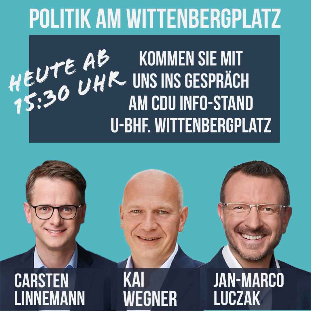 Auf geht’s in den #schlussspurt im #wahlkampf - am Sonntag zählt‘s: Beide Stimmen für <a href="/CDU/">CDU Deutschlands</a>. Wenn ihr noch nicht überzeugt seid, kommt gerne heute von 15-17 Uhr am #wittenbergplatz vorbei. <a href="/kaiwegner/">Kai Wegner</a> + #linnemann sind auch vor Ort. Wir sehen uns!
