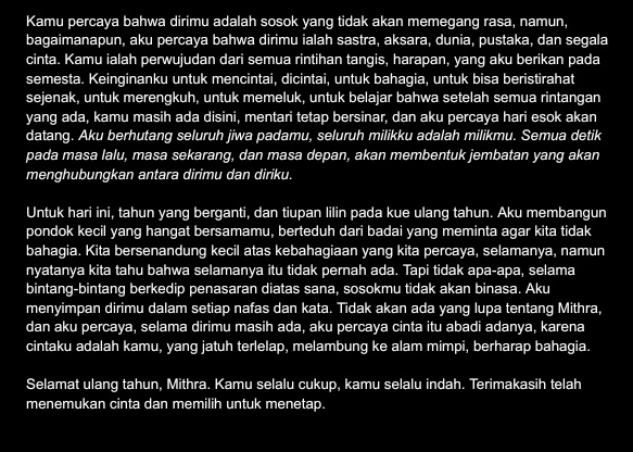 selamat hari perayaan bahagia, mithra. semuanya sederhana, hanya sebuah kue dan do'a, semoga kamu bahagia selamanya.