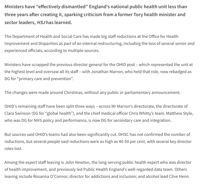 Excl : Ministers have “effectively dismantled” England’s national public health unit less than three years after creating it. Those criticising the move include @LordPhilofBrum @JimBethell @KateAlvanley @davidjbuck