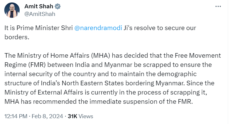 India to scrap Free Movement Regime with Myanmar. Part of efforts to safeguard internal security. Demographic structure of North Eastern States to be maintained #FreeMovementRegime