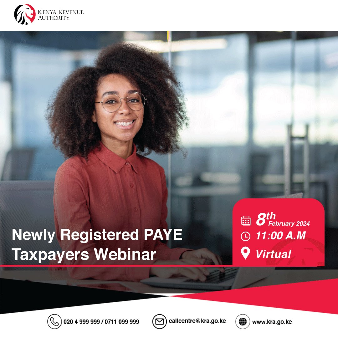 KRACare's tweet photo. Are you a newly registered PAYE taxpayer?
Join us today at 11am for an informative tax training session on how to to file PAYE returns accurately and efficiently. 🎯
Don’t miss out!
https://t.co/6OvwqWlmRx
#PAYE #KRATraining https://t.co/D8eCaGFNqL