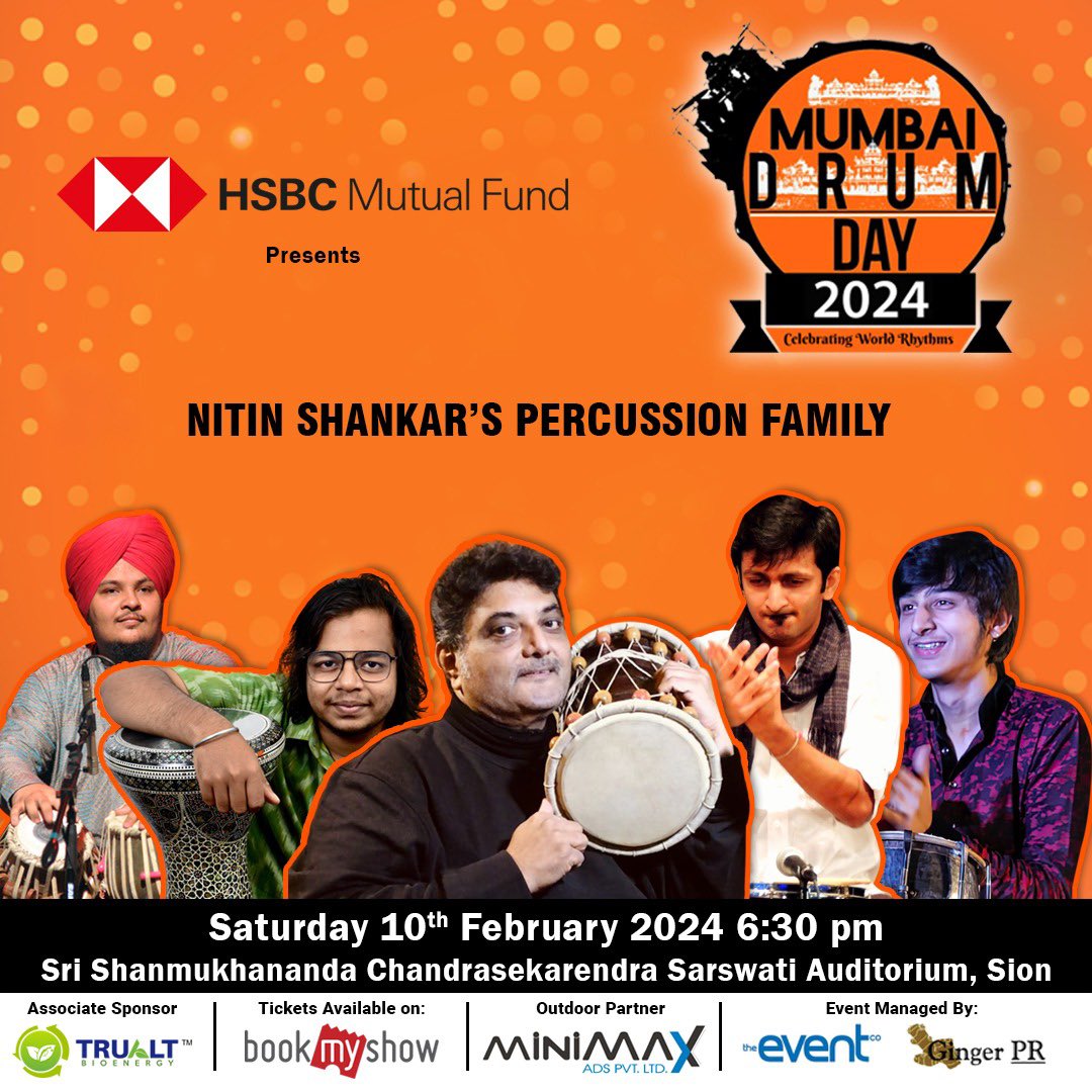 mumbaidrumday's tweet photo. Nitin Shankar’s Percussion Family at MUMBAI DRUM DAY 2024
Saturday 10th February at Sri Shanmukhananda Chadrasekarendra Saraswathi Auditorium, Mumbai 

Tickets - https://t.co/SSqyfP3Kwg

Mumbai Drum Day 2024 https://t.co/h5OrHept55