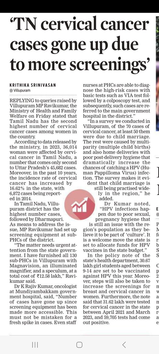 TN has second highest number of #cervixcancer in the country while #Villupuram has highest incidence in the state. Docs reiterate the need to curb child marriage - a social problem to really get the nos down but also point out increased screening for raise in nos. @xpresstn