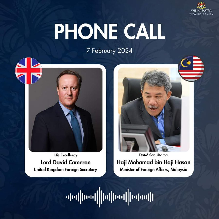 Foreign Minister, Dato' Seri Utama Haji Mohamad bin Haji Hasan, had a productive discussion with UK Foreign Secretary H.E. Lord David Cameron today, strengthening the Malaysia-UK bilateral relationship. 🤝🌍 #WismaPutra #BilateralRelations #MalaysiaUK