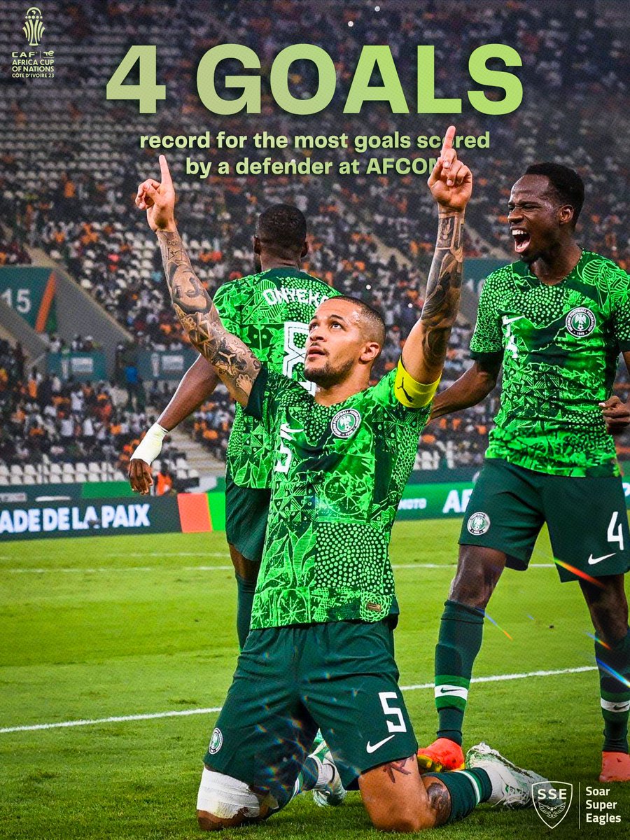 💚 <a href="/WTroostEkong/">William Troost-Ekong | M.F.R 🇳🇬</a> equals Stephen Keshi's record as the highest-scoring defender in AFCON history 🌟 

#AFCON2023