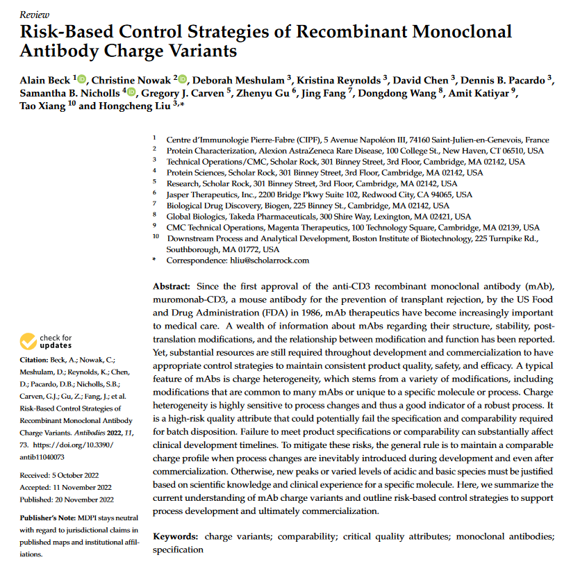 🔔#HighlyViewedpaper
Title:  Risk-Based Control Strategies of Recombinant #MonoclonalAntibody Charge Variants
by Hongcheng Liu et al.
@AstraZeneca
@JasperBio
@bostonbib
Link: mdpi.com/2073-4468/11/4…