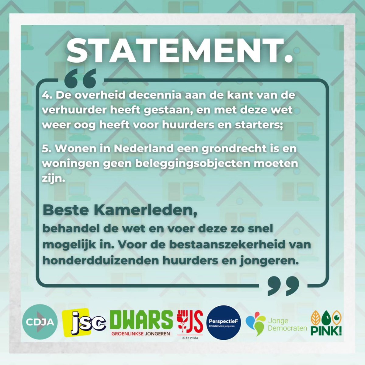 Samen met <a href="/JongSocContract/">Jong Sociaal Contract || JSC</a>, <a href="/DWARS/">DWARS</a>, <a href="/jspvda/">Jonge Socialisten</a>, <a href="/PerspectieF/">PerspectieF</a>, <a href="/JongeDemocraten/">Jonge Democraten</a> en @pinkpolitiek roepen wij vandaag de #TweedeKamer op om de Wet Betaalbare Huur te behandelen en zo snel mogelijk in te voeren. Voor de bestaanszekerheid van honderdduizenden huurders en jongeren.