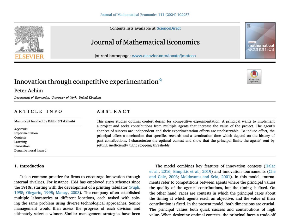 Excited to announce my paper on delegated experimentation is forthcoming in JMathEcon! My 2nd year relic is finally seeing the light of day. It was cutting-edge when I started it... 😬 t.ly/4f5Q0