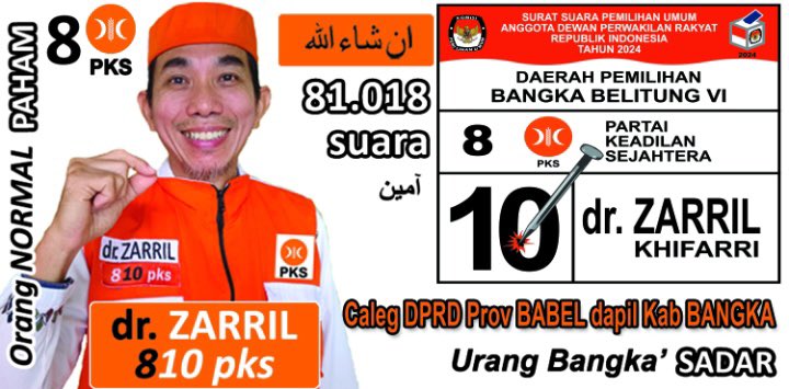 Assalamualaikum, untuk sahabat di Bangka, 

Bantu ya dukung & pilih senior saya, seorang dokter yg peduli dg Rakyat, meninggalkan zona nyaman,
memilih mewakafkan waktu demi Rakyat 

dr. ZARRIL Khifarri @SahabatDrZARRIL 

Pendidikan:
- SD Muhammadiyah Sungailiat
- SMPN 1