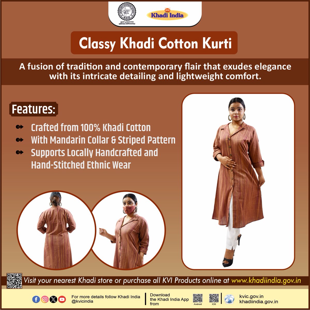 #Khadi reflects the essence of timeless fashion!

Embrace the fusion of tradition and contemporary flair in this classy Kurti, while championing the rich heritage of Indian craftsmanship. Support the #AatmanirbharBharat initiative. Visit your nearest #Khadi store or purchase