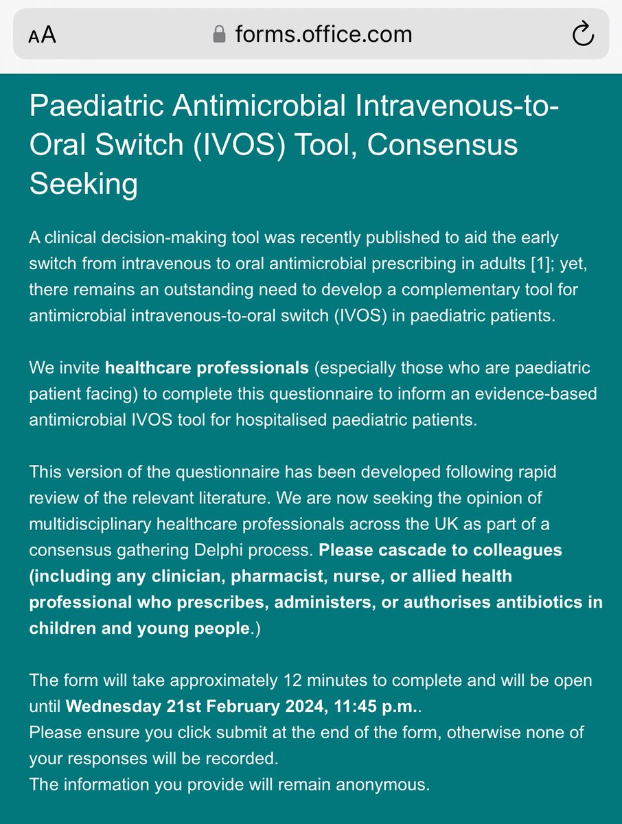 INVITATION: We are now working on a paediatric IV to Oral Switch Tool and Criteria #IVOST Please contribute to our consensus gathering through a short (12-min) survey. Closes 21 Feb forms.office.com/e/nP94XBvzmJ Pls cascade on & off social media 🙏🏾