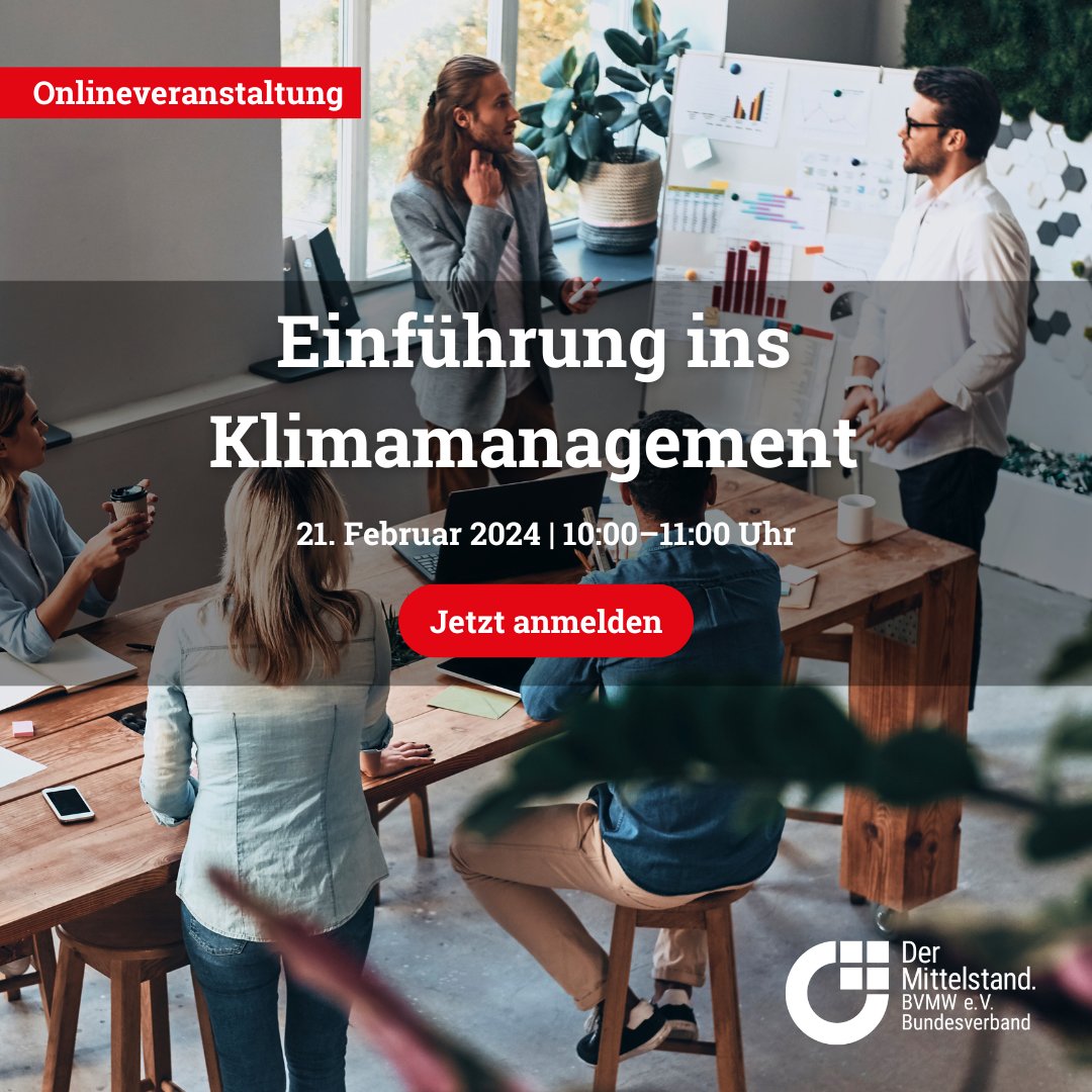 Sie möchten nachhaltig wirtschaften?🌱 Dann ist diese Einführung ins #Klimamanagement ein absolutes Muss für Ihr Unternehmen!

Erfahren Sie vom Projekt KliMaWirtschaft, wie Sie Klimaschutzmaßnahmen strategisch planen &amp; umsetzen!

Jetzt kostenfrei anmelden: bit.ly/einfuehrung-kl…