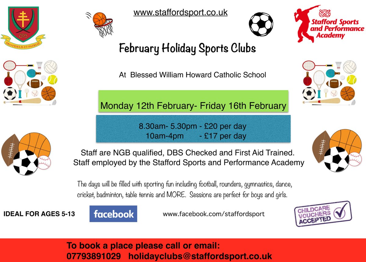 February Holiday Clubs 2024
Blessed William Howard School, Stafford 
Monday 12th - Friday 16th February, 2024
8.30am-5.30pm £20 or 10am-4pm £17
To book:  ow.ly/hYZ550KAWCI 
Further questions email: holidayclubs@staffordsport.co.uk
#Stafford #HolidayClubs