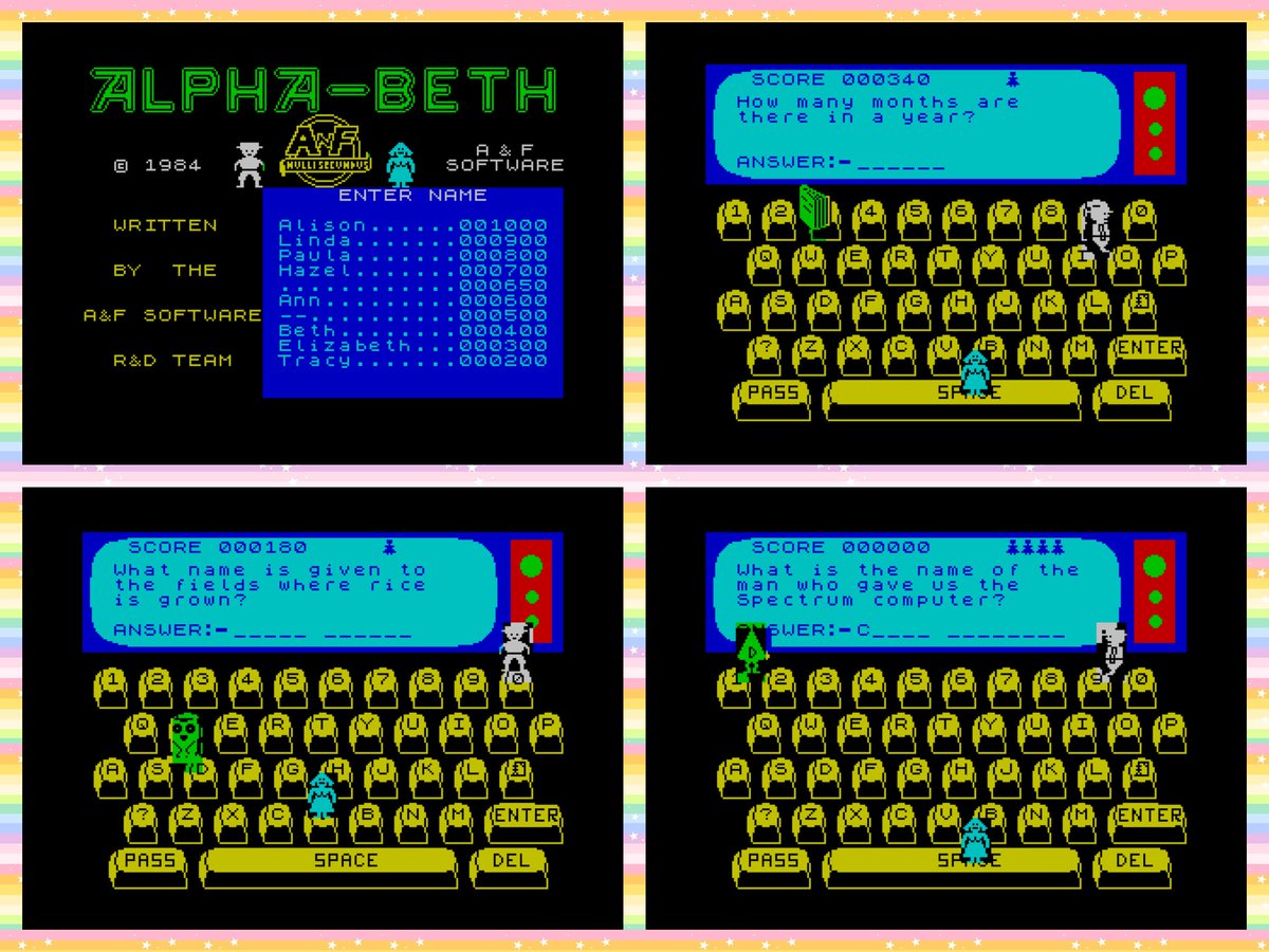 OldSchoolBooks1's tweet photo. Today's educational #retrogaming on the #ZXSpectrum #AlphaBeth. Spell the answers without running into the other characters on the screen, it sounds easy, but it's not and can soon get a little frustrating, even for an adult! https://t.co/H4xa9f0sSW