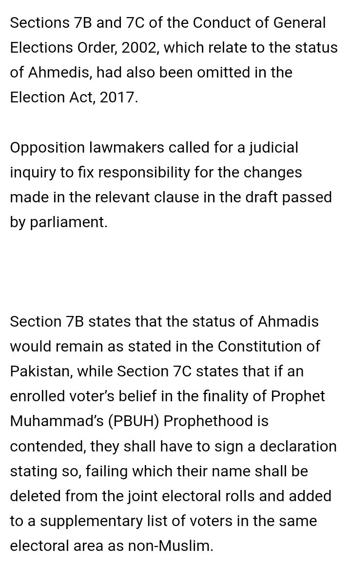 maybe_ghuf's tweet photo. Friendly reminder that PMLN's 2017 Election Act restored the right to vote for Ahmadis. It was the PTI+TLP campaign that led to IHC removing that right again, suspending those changes to electoral laws which had anything to do with Khatme Nabuwwat. https://t.co/FybIcW79zC