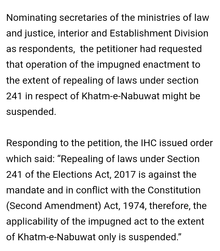 maybe_ghuf's tweet photo. Friendly reminder that PMLN's 2017 Election Act restored the right to vote for Ahmadis. It was the PTI+TLP campaign that led to IHC removing that right again, suspending those changes to electoral laws which had anything to do with Khatme Nabuwwat. https://t.co/FybIcW79zC