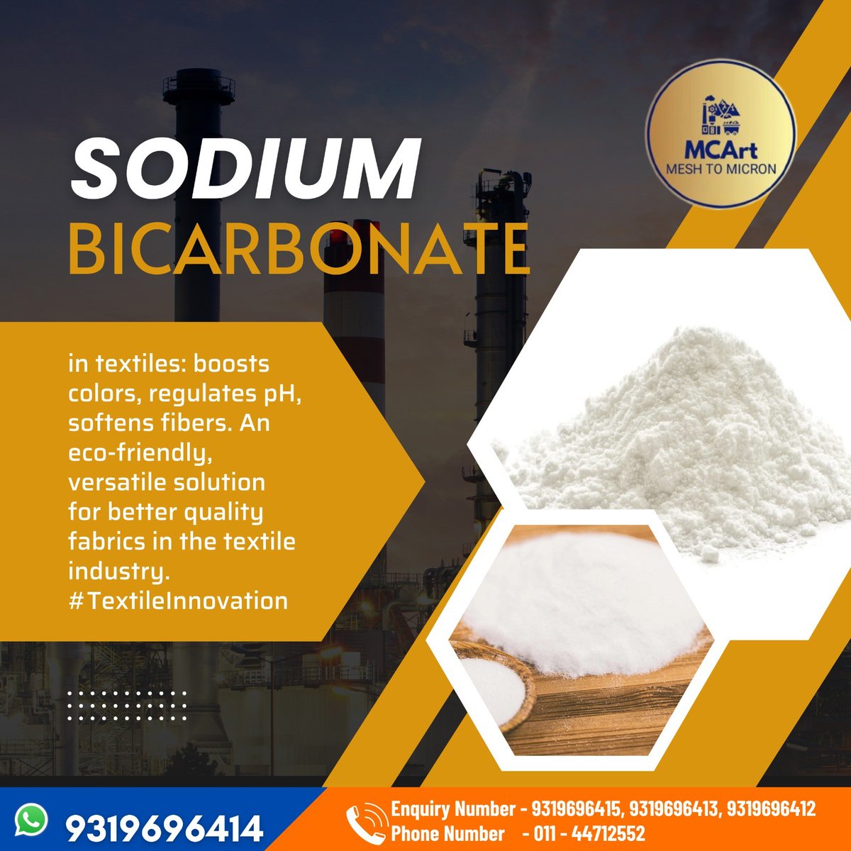 Elevate your textile game with the eco-friendly and versatile solution of sodium bicarbonate and kaoline! 
Whatsapp us at 093196 96414

#Mcart #Meshtomicron #Minerals #Chemicals #MineralResources #ChemicalIndustry  #SodiumBicarbonate #Kaoline #FabricEnhancement