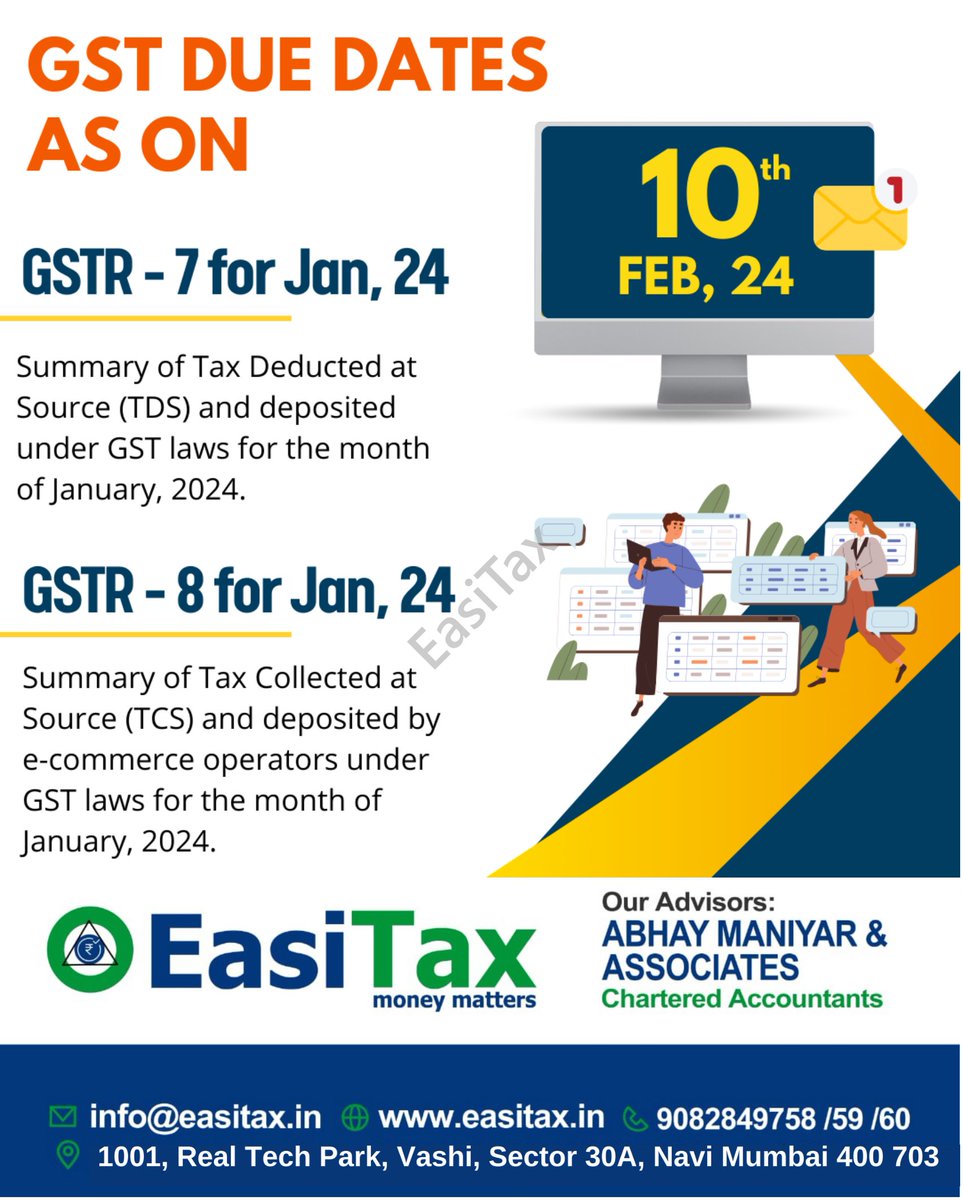 Every GST registered individual who deducts TDS under GST must file in Form GSTR-7 by the 10th of next month.
GSTR-7,GSTR-8 filing for a month is due on 10th of the following month.

+91-9082849758 | 59 | 60

#EasiTax
#GSTR7
#GST_due_dates
#GSTR8
#gstindia