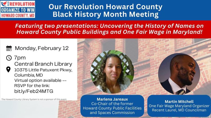 Our Revolution Howard County
Black History Month Meeting RSVP HERE: bit.ly/Feb24MTG

<a href="/laurel_city/">Marty For Laurel City</a>  <a href="/OurRevolution/">Our Revolution</a>