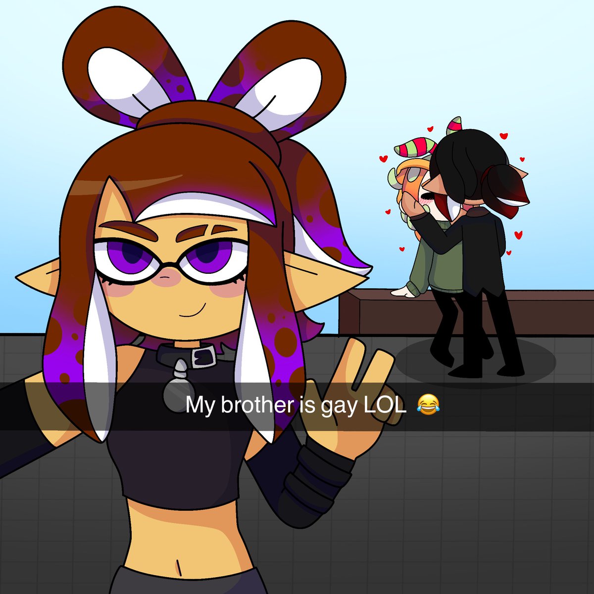 APeonySeapie's tweet image. Maxxflow month: Day 7 

&quot;Selfie&quot; 

With a special guest! @omgtherealrosa ! 💜 
Looks like her brother is with his bf again PFF 
How many likes do you think this photo got when Rosa posted it? 

#DJSeaflow #Splatoon #Maxxflow