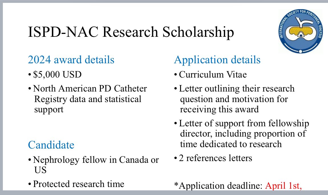 The ISPD NAC announces the inaugural research award 2024. 🎷Calling nephrology fellows interested in peritoneal dialysis research 🏆Up to 5,000$ 📅deadline: April 1st, 2024 Email: ispdnac@gmail.com #MedEd @ASNKidney @ISPD1 @nkf