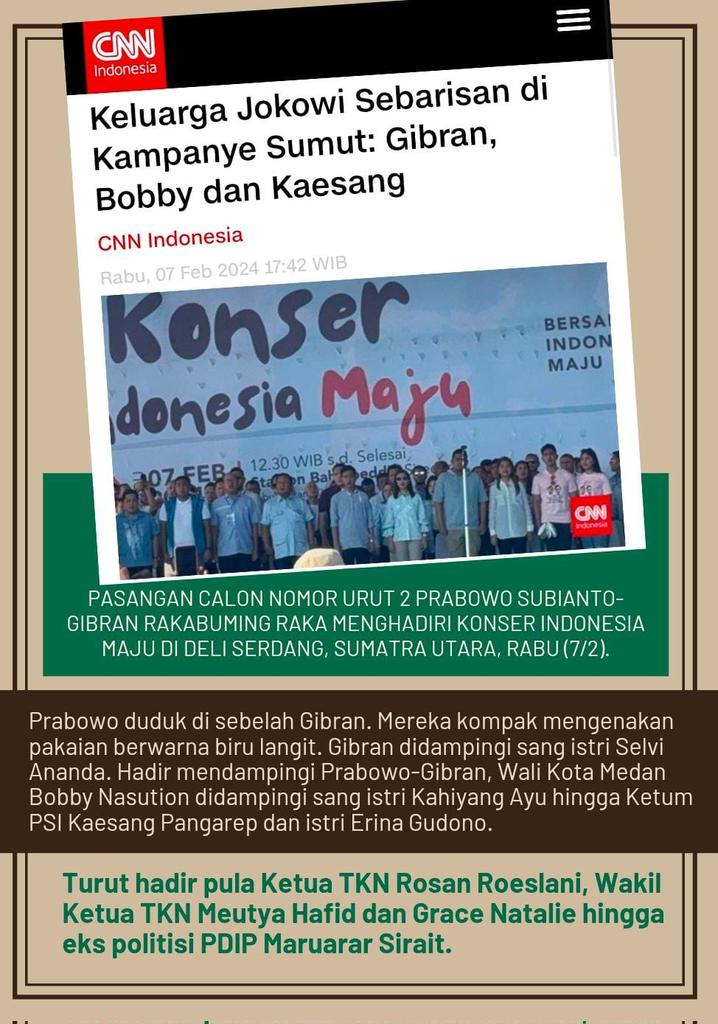 Hadir mendampingi Prabowo-Gibran, Wali Kota Medan Bobby Nasution didampingi sang istri Kahiyang Ayu hingga Ketum PSI Kaesang Pangarep dan istri Erina Gudono.#LautanMassaSambut02
