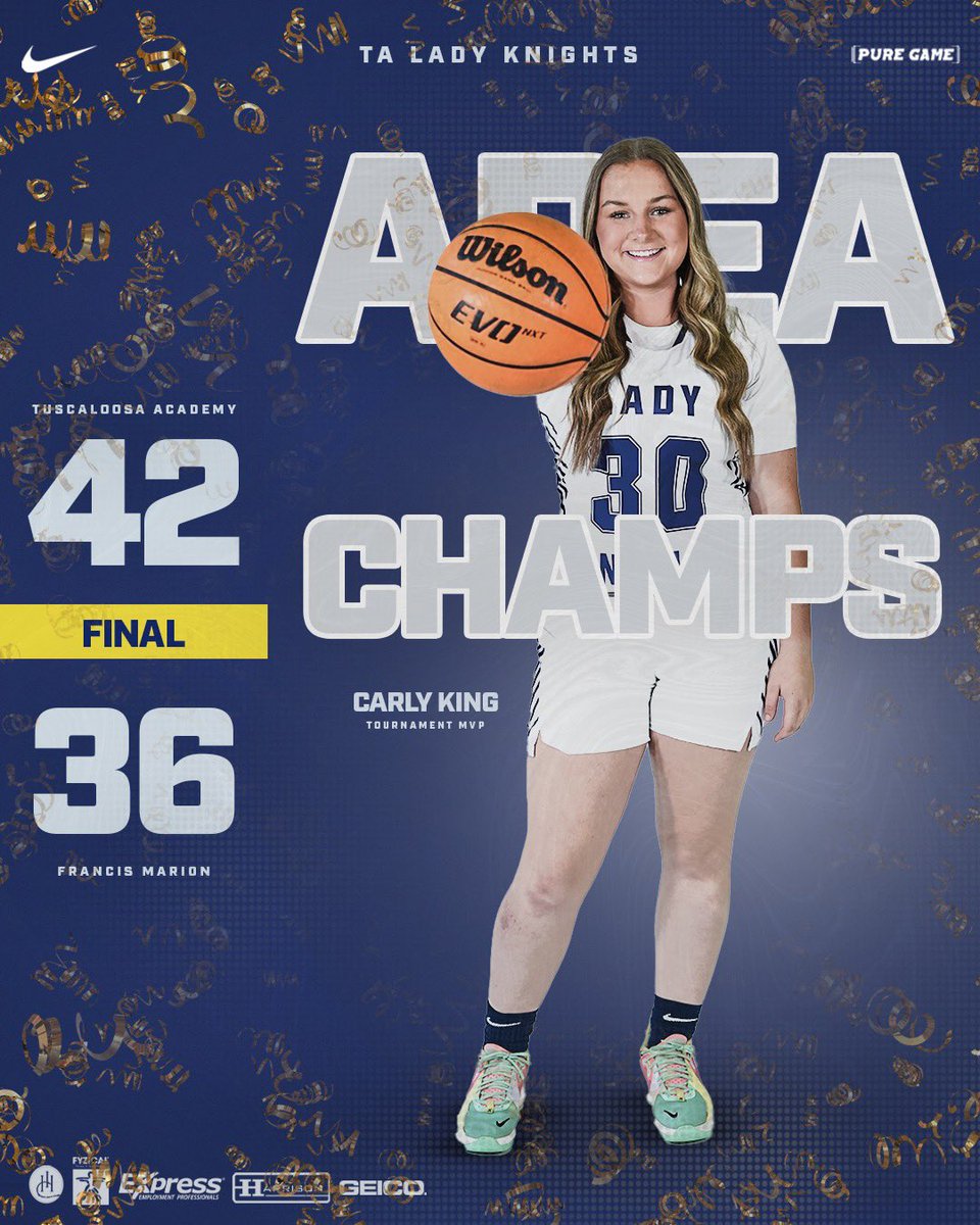 🏀 𝗔𝗥𝗘𝗔 𝗖𝗛𝗔𝗠𝗣𝗦 ‼️
Tuscaloosa Academy Lady Knights are playoff bound!

TA Lady Knights were led by Carly King 21, Anna Christian Beeker 8 &amp; Ella Williams 6. 
<a href="/taknightsfan/">Tuscaloosa Academy</a> <a href="/carlyking2024/">Carly King</a> <a href="/CoachEGThomas/">Emmett Thomas</a> <a href="/PureGameSports/">PURE GAME SPORTS NETWORK</a>