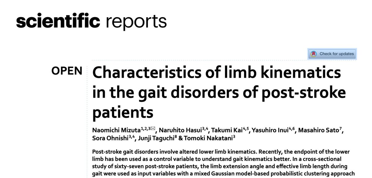 Naomichi_Mizuta's tweet photo. Scientific Reports（IF: 4.6）に原著論文がパブリッシュされました！

オープンアクセスですので，よろしければご一読いただき，ご意見をいただけますと嬉しく思います！

Title:
Characteristics of limb kinematics
in the gait disorders of post‐stroke
patients

https://t.co/WIET7mcOFg https://t.co/Rw8MKMUmid