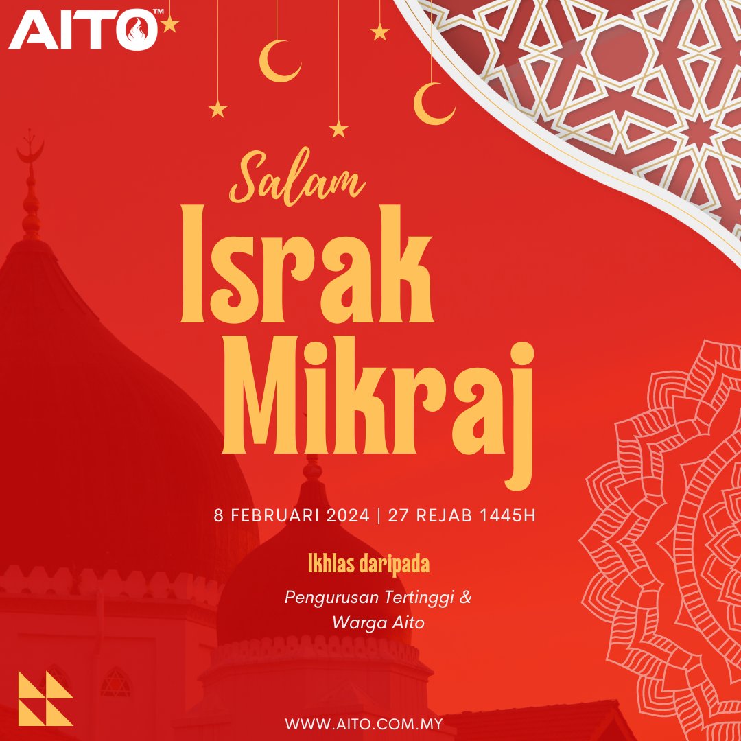 AitoFirework's tweet photo. Salam Israk Mikraj 2024

Bersempena hari mulia 27 Rejab 1445 Hijrah hari ini, semoga semua yang beragama Islam terus dikurniakan iman yang utuh untuk terus beristiqamah. https://t.co/VoOf8G2aiT