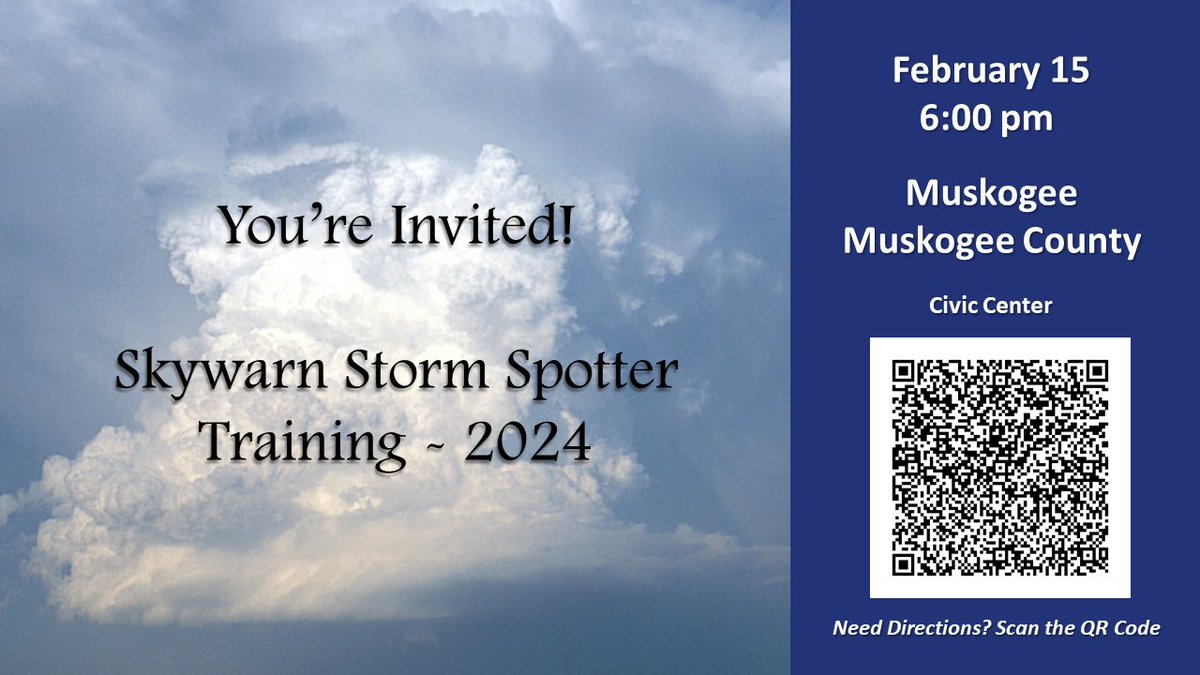 NWStulsa's tweet photo. Tonight's Skywarn storm spotter training class will be held in Muskogee. #okwx https://t.co/3blKZlBdo5