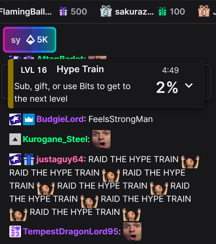 Dokibird currently has a level 16 hype train on her Twitch channel...that's offline.