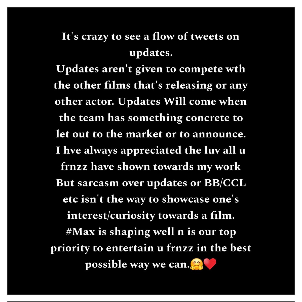 Message to frnz from #KichchaSudeep about #MaxTheMovie update. 

<a href="/KicchaSudeep/">Kichcha Sudeepa</a> <a href="/Max_themovie/">MAX</a>