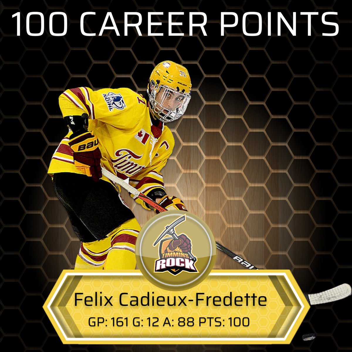 TimminsRock's tweet photo. 🏒 Big congratulations to Felix Cadieux-Fredette, the rock-solid defenseman, on reaching his 100th career @NOJHL point tonight! 🚀 

He also passes Derek Seguin in most games played as a Rock. Here's to many more milestones in that Rock uniform! #HockeyMilestone #RockPride https://t.co/PgJGY0apIX