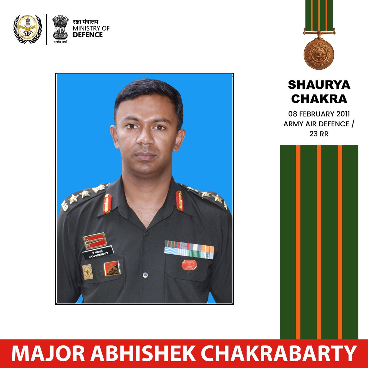 GallantryAward's tweet photo. On 08 February 2011, Major Abhishek Chakrabarty of 23 RASHTRIYA RIFLES was leading an operation in Ramban District, J&amp;K. Throughout the operation he displayed unparalleled gallantry and singlehandedly killed two terrorists amidst intense fire. He was awarded #ShauryaChakra. https://t.co/nNDDhTwX9s