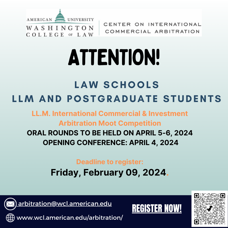 🌐 Exciting news for the arbitration enthusiasts! 
The Specialized Arbitration Moot Competition is around the corner. 🗓️Deadline for REGISTRATION is February 09, 2024. Get ready for this immersive experience!
#ArbitrationMoot #LegalExcellence  #Competition2024