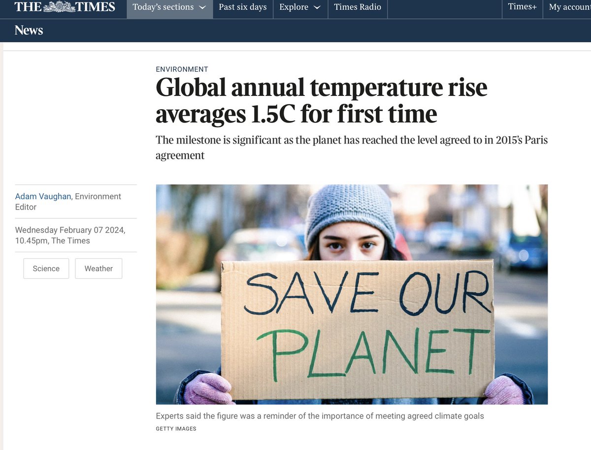 JunkScience's tweet photo. Another totally fabricated climate claim from the @CopernicusEU:

1. There is no baseline, preindustrial average global temperature -- no satellites 170 years ago.
2. There is no current average global temperature -- even with satellites.
3. There is no such thing as average global temperature -- not a physical reality.
4. There is no such thing as average annual global temperature.
5. 1.5°C is a 'plucked out of thin air' political target devoid of scientific meaning.
6. No margins of error presented.
7. No evidence any temperature anywhere has anything to do with emissions.
8. Just a total hoax.