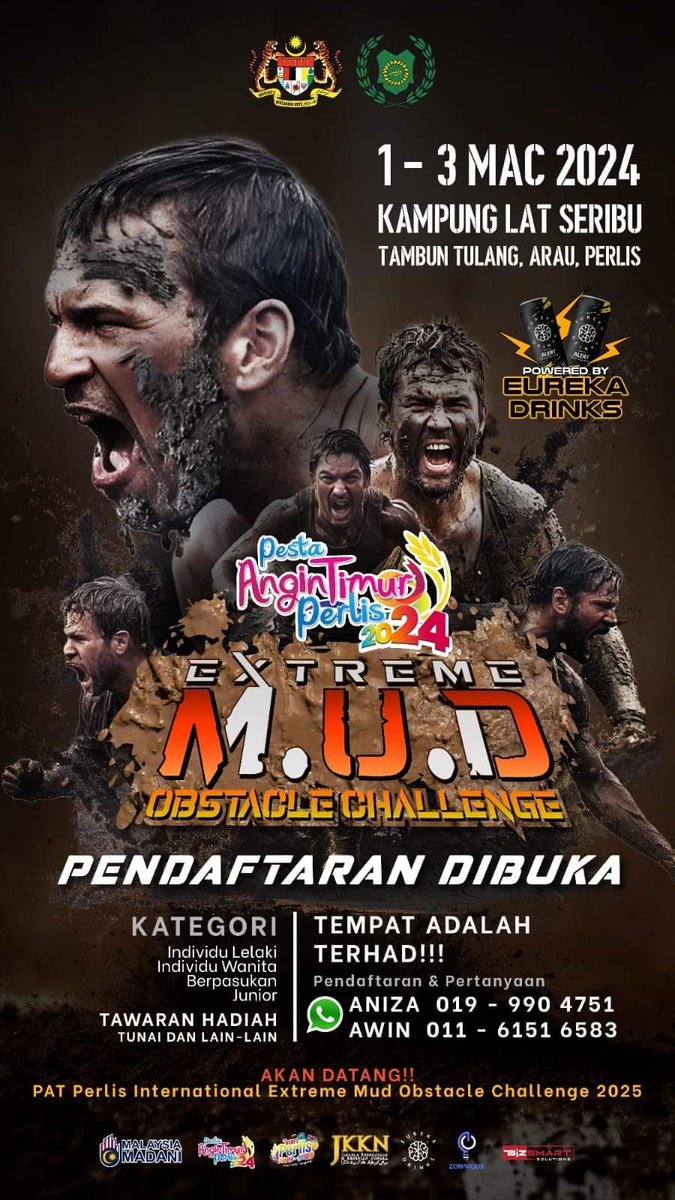 Penggemar sukan ekstrim boleh try kekuatan dan ketahanan mental korang.
PAT PERLIS EXTREME MUD OBSTACLE CHALLENGE 2024  - PMC2024
PESTA ANGIN TIMUR PERLIS 2024
1 - 3 MAC 2024
KAMPUNG LAT SERIBU, TAMBUN TULANG,
ARAU, PERLIS
Jualan tiket penyertaan telah dibuka!!!
#pat2024