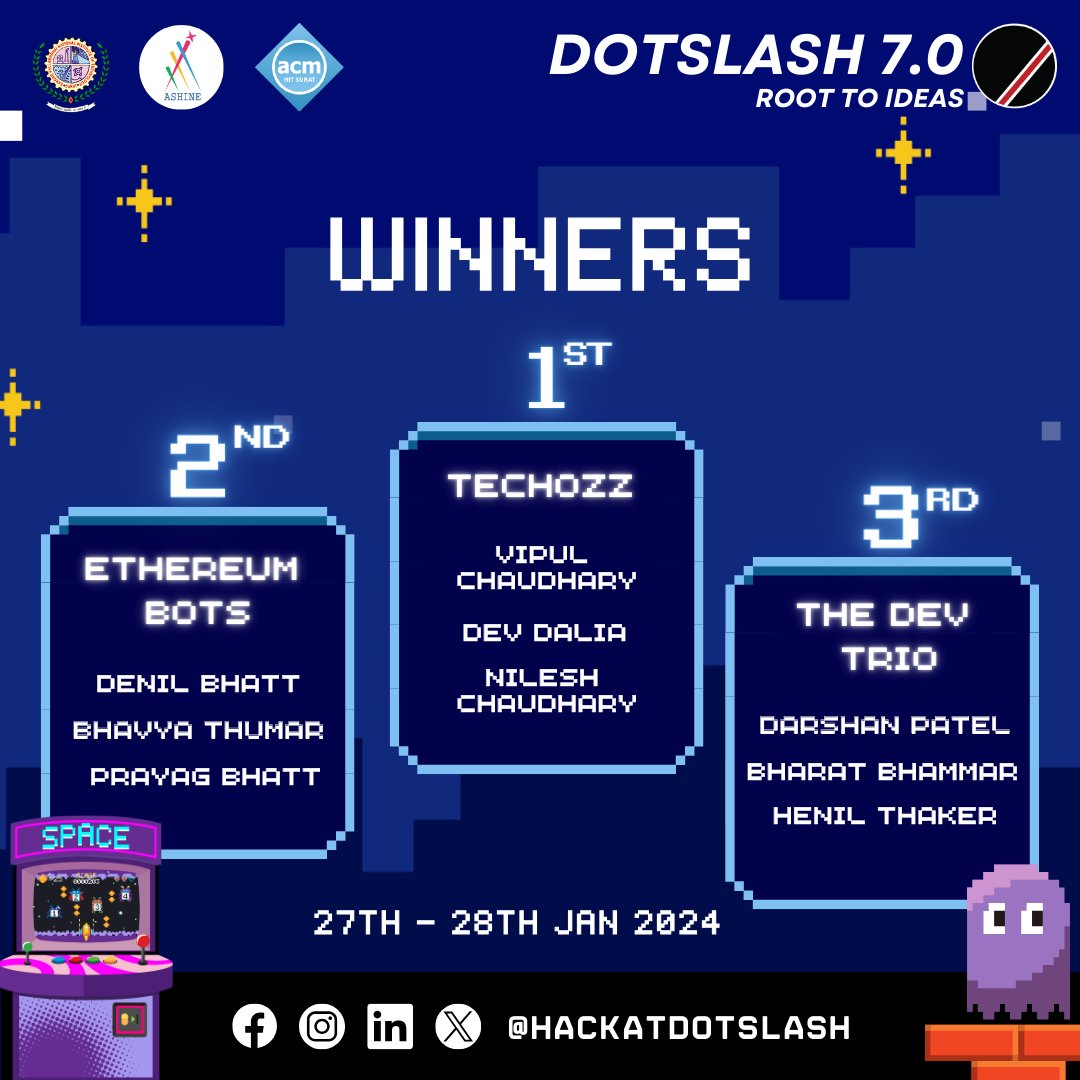 SVNIT_Surat's tweet photo. π Drumroll, please! π The moment we've all been waiting for is here β announcing the extraordinary winners of DotSlash 7.0! πβ¨
#ssip #ashine #DevelopedAtDotSlash #Hackathon #ACMNITSurat #ACM #SVNIT #DotSlash #coding #DotSlash7 https://t.co/M9KvCb35xs