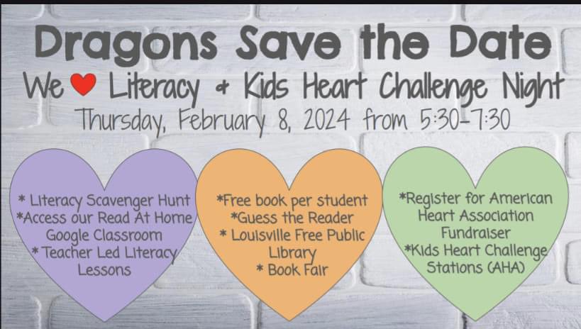 You are invited to join us Thursday, February 8 from  5:30-7:30 for our We 💜Literacy and Kids Heart Challenge Night! Complete the Literacy Scavenger Hunt and receive a free book!