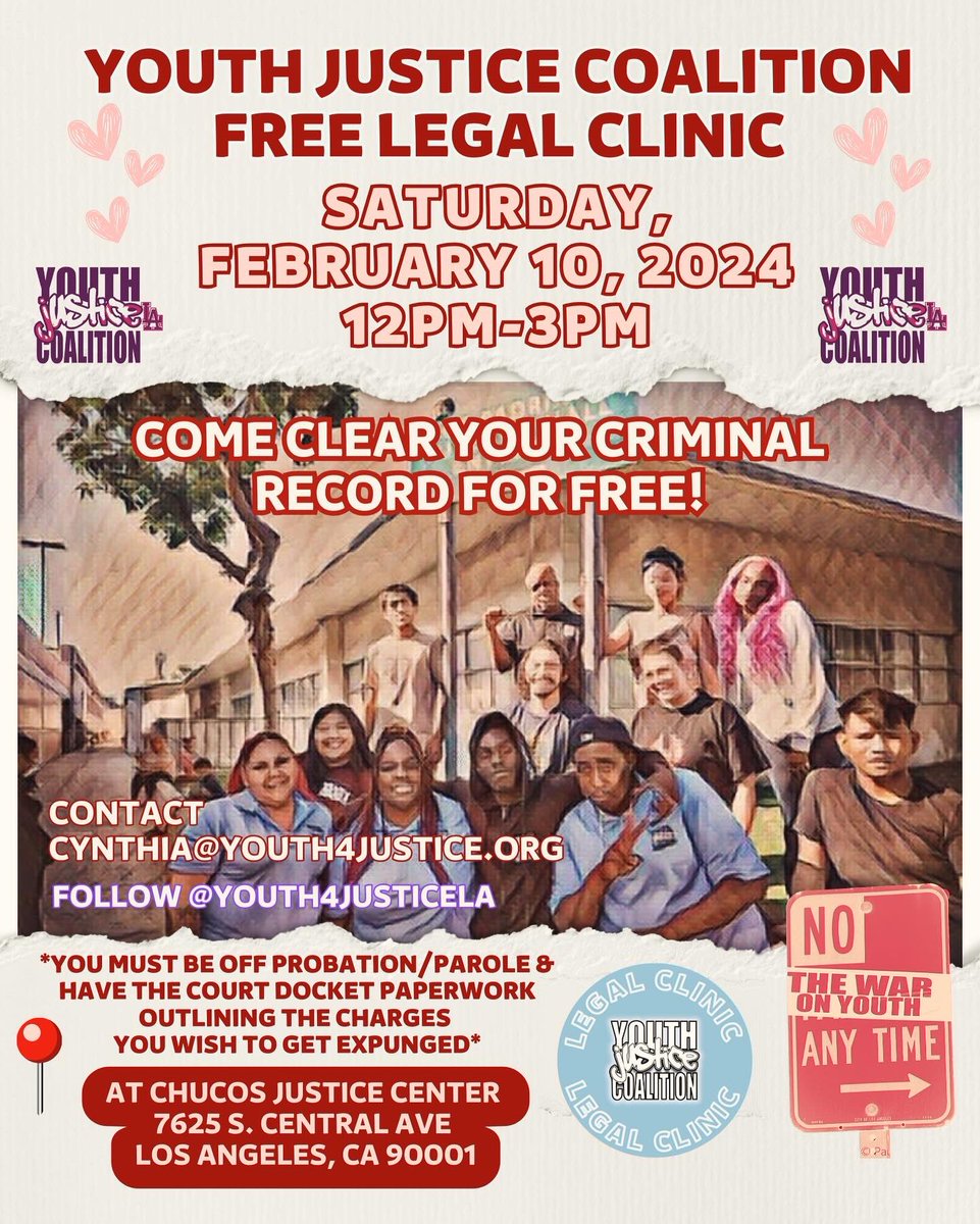 FREE YJC LEGAL Clinic!! 💫 LOVE THE YOUTH Month! ❤️‍🔥💝❤️‍🩹 Clear your record with us on Saturday, February 10th from 12PM-3PM at Chuco’s Justice Center. Please email us to book an appointment & share this post! 🙌🏿🙌🏽 #Expungement #FreeOurFamilies #Chucos #SouthCentral 💥