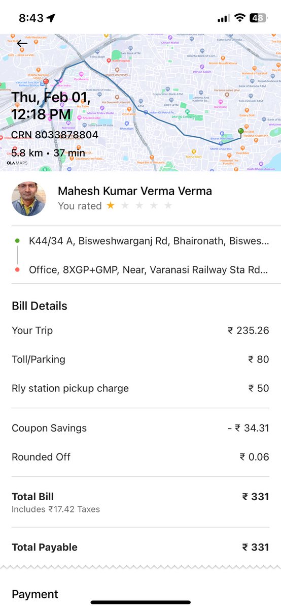 skyverse4124's tweet image. Hi @ola_supports your cab driver named MAHESH KUMAR VERMA mobile number 8931825116 was threatening me for not giving him extra amount for parking fee which was already paid through #olaapp please find below proofs. I was in Varanasi with my wife and 5 year old daughter.