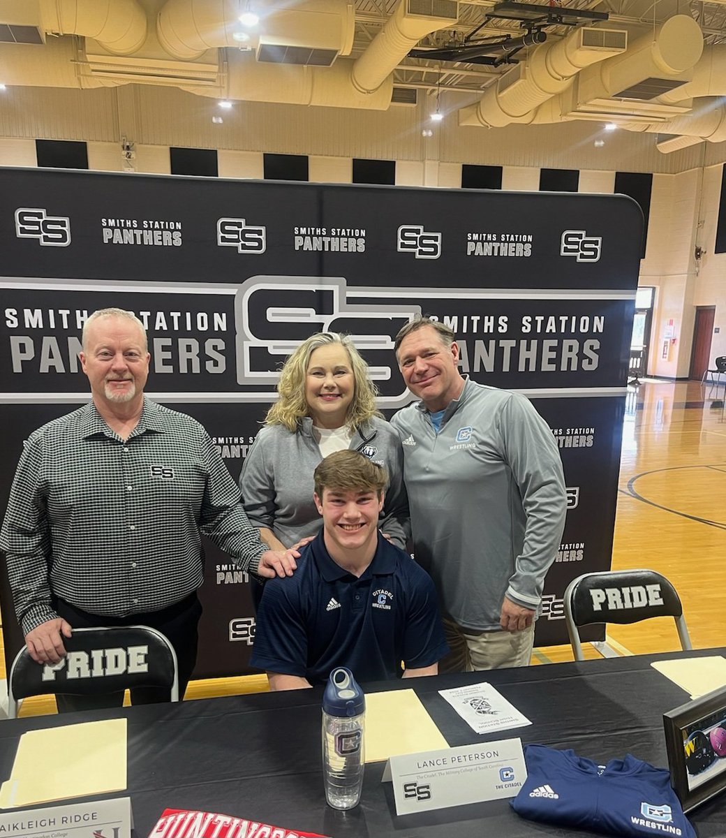 SmithsWrestling's tweet photo. Congratulations to Lance Peterson for signing with Citadel this morning.   Lance made history by becoming the first Div. 1 wrestler for Smiths Station High School. His parents are Robert and Dana Peterson. https://t.co/GwAOPw61X8