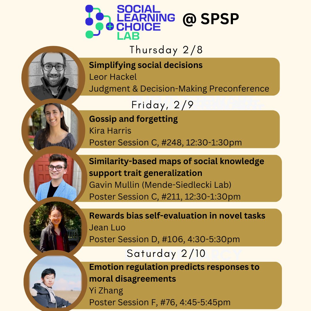 We're looking forward to sharing  work from the USC Social Learning & Choice Lab and collaborators at #SPSP2024!