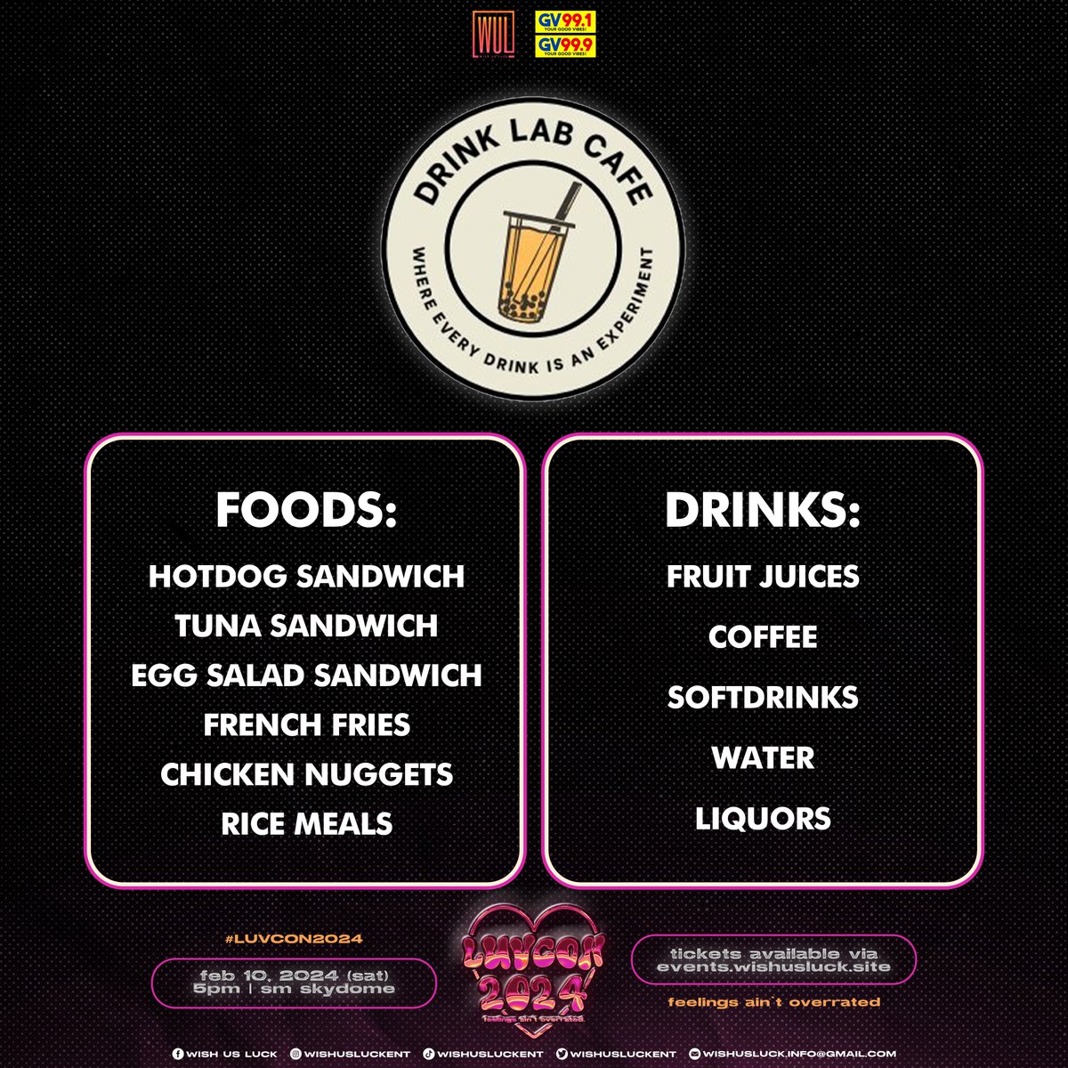 wishusluckent's tweet photo. LUVCON 2024 is pleased to announce our official partner concessionaires during d-day 💗

They will be available inside the venue to help you power through our 6-hour concert 😋 

See you on Saturday!

#LUVCON2024 #feelingsaintoverrated

#WULPH #GV991 #GV999 #BoySompob #thisisTALE #TillyBirds #ThreeManDown #Bosschaikamon