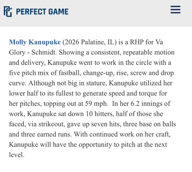VA Glory Schmidt (@glory08schmidt) on Twitter photo Our very own Molly Kanupke (2026) made the Scout Notes for our weekend at the <a href="/PG_Softball/">Perfect Game Softball</a> winter warm-up in Iowa! Thank you <a href="/DaveDurbala_PG/">Dave Durbala</a> for highlighting her! Congrats Moll!! ❤️
#GoGlory #EvenIf <a href="/VAGloryFP/">VA Glory Fastpitch</a>
perfectgame.org/Articles/View.… Our very own Molly Kanupke (2026) made the Scout Notes for our weekend at the <a href="/PG_Softball/">Perfect Game Softball</a> winter warm-up in Iowa! Thank you <a href="/DaveDurbala_PG/">Dave Durbala</a> for highlighting her! Congrats Moll!! ❤️
#GoGlory #EvenIf <a href="/VAGloryFP/">VA Glory Fastpitch</a>
perfectgame.org/Articles/View.…